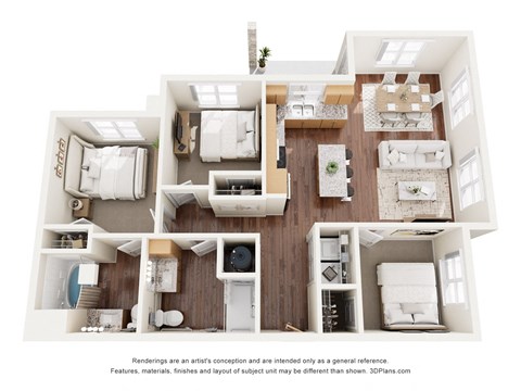 Floor plan for 3 beds, 2 baths, 1225 sqft